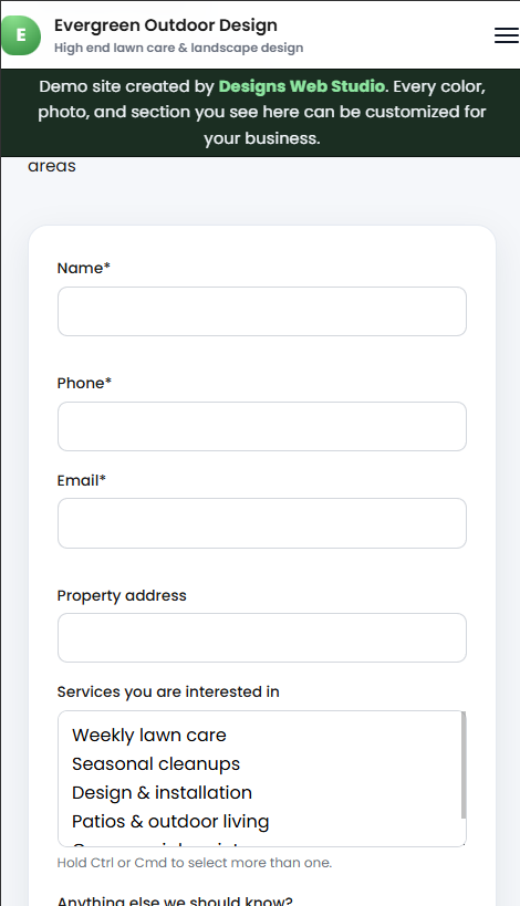 Landscaping demo menu and quote form on mobile