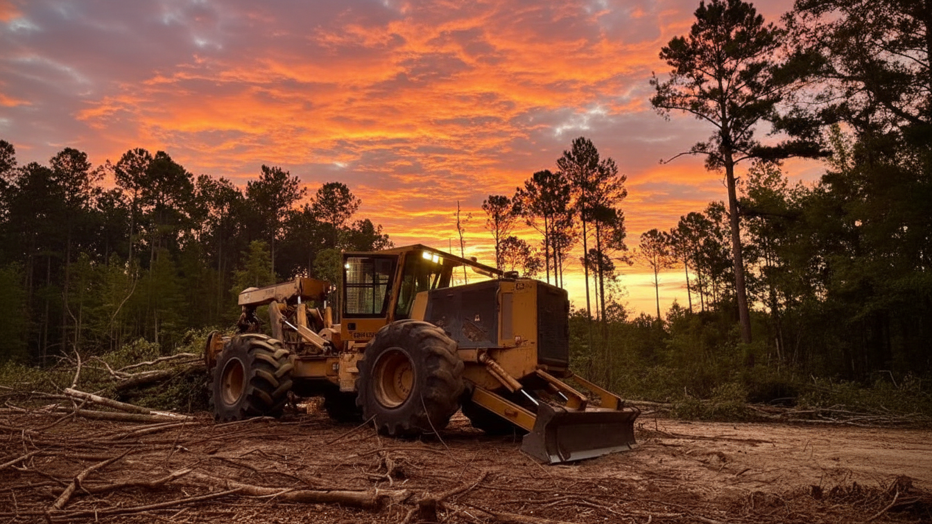 Skidder working under a bright sunset